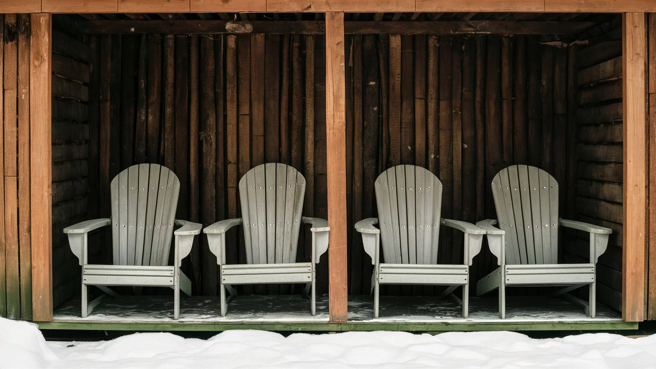a photo of Adirondack chairs stored in a storage shed for the winter