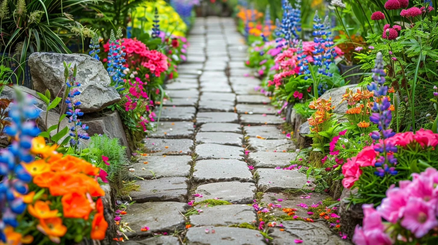 a photo of a charming garden pathway made of concrete pavers and lined with colorful flowers