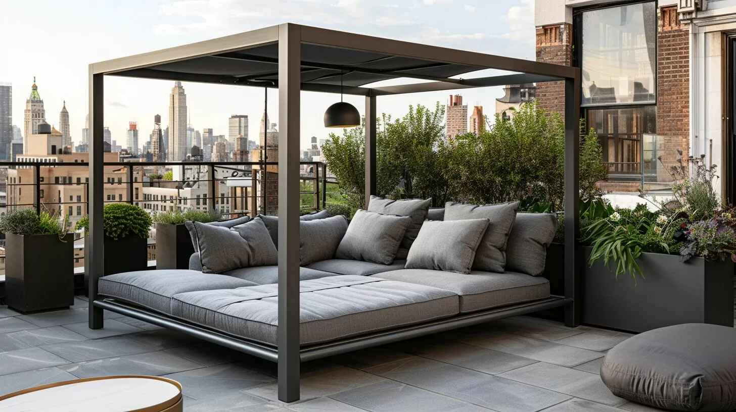 a photo of a chic and modern aluminum frame outdoor canopy daybed with grey cushions on a rooftop terrace