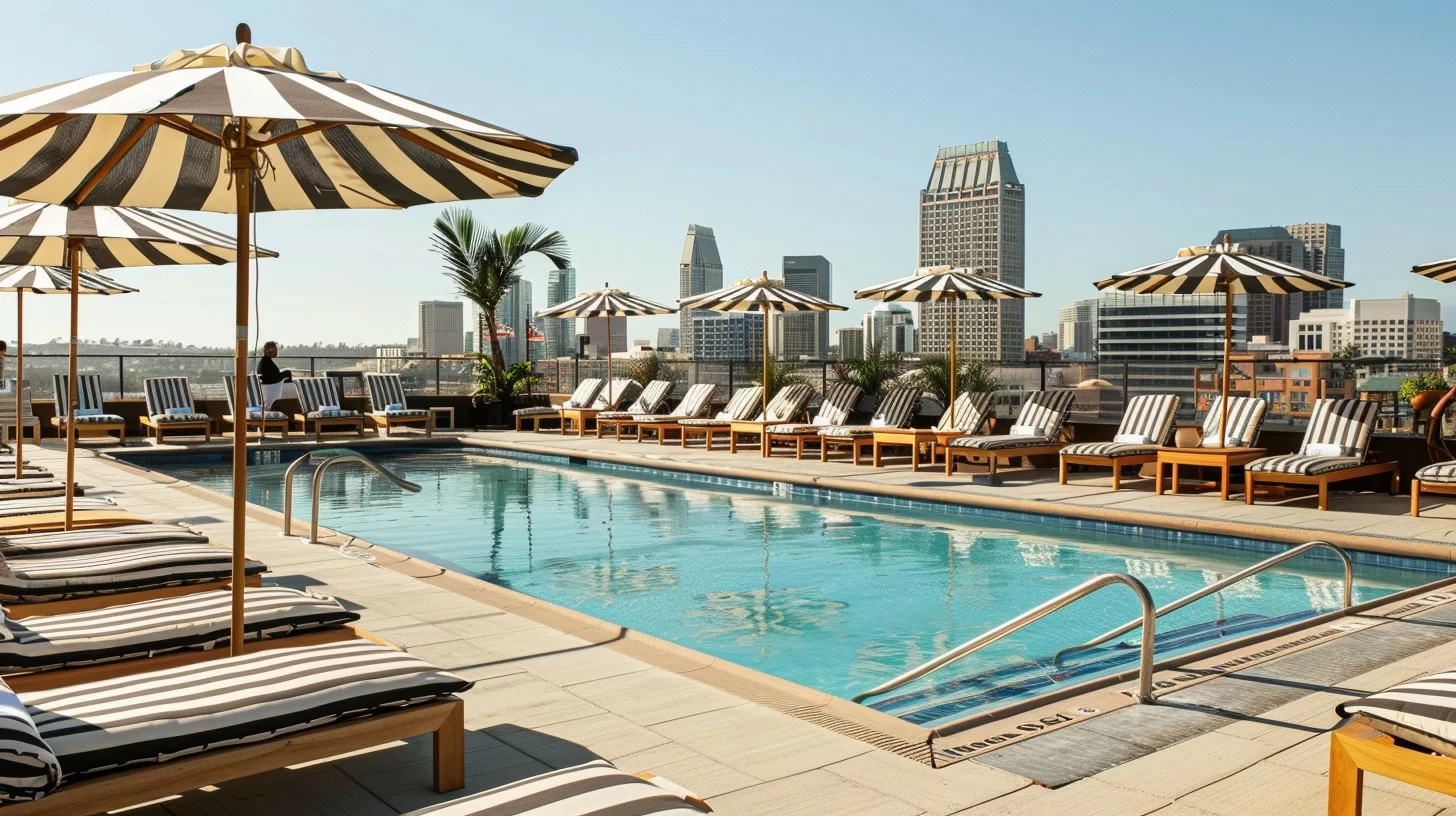 a photo of a classic pool deck with elegant wooden lounge chairs and striped umbrellas on a San Diego rooftop