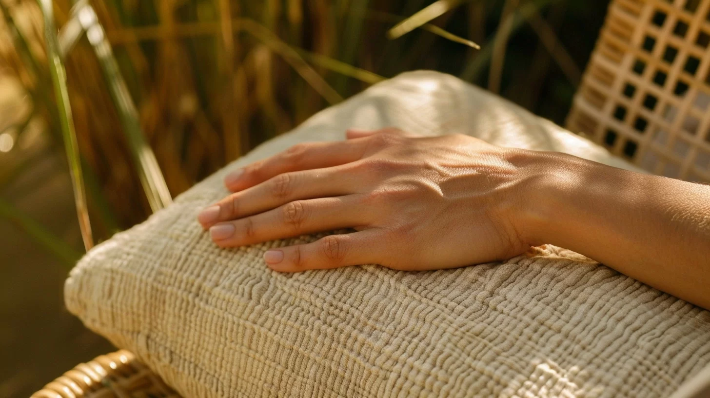 a photo of a close-up of a hand touching a soft, organic cotton cushion on a sustainable outdoor lounge