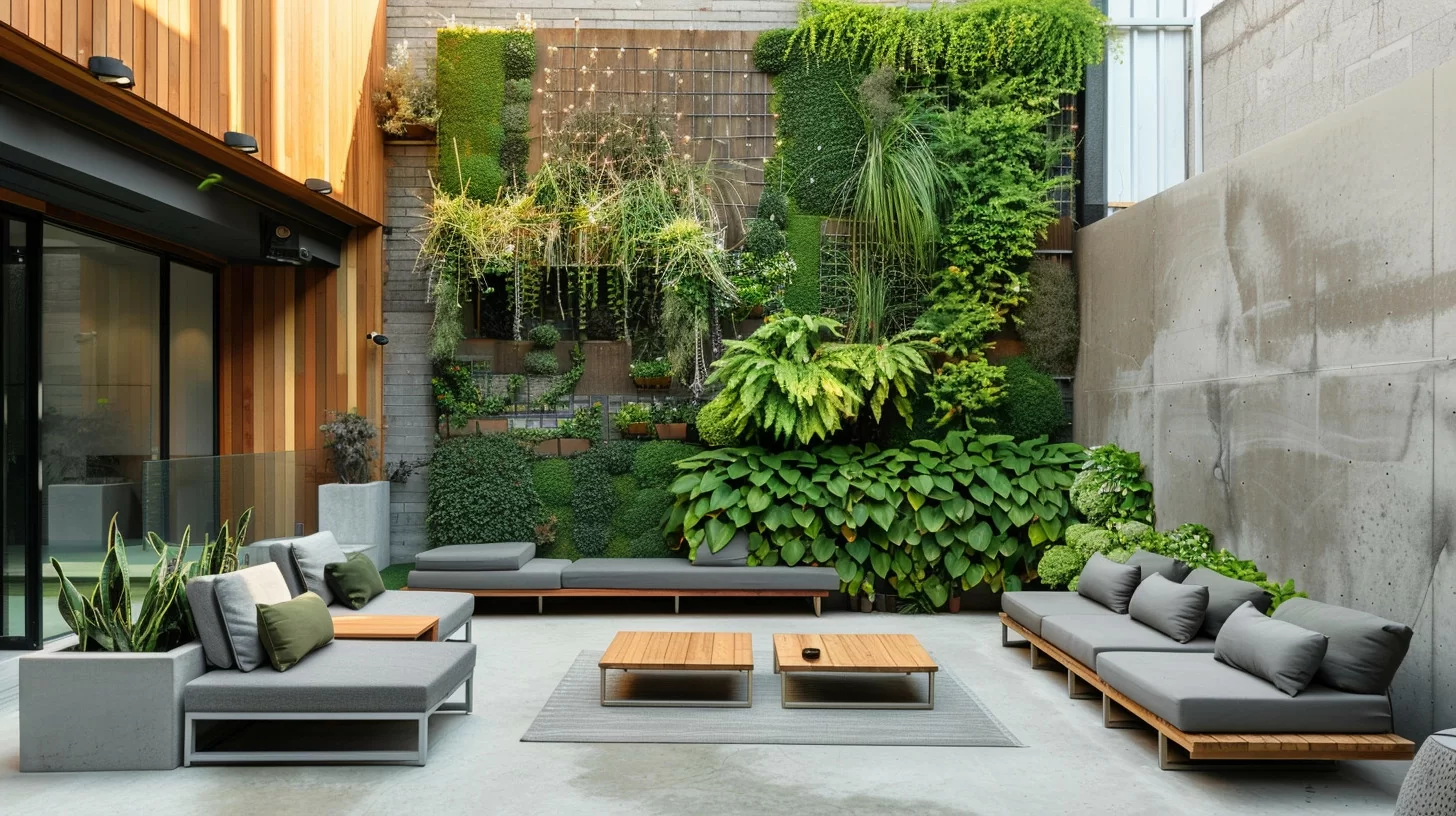 a photo of a contemporary urban patio with concrete floors, modular seating, and a vertical garden wall