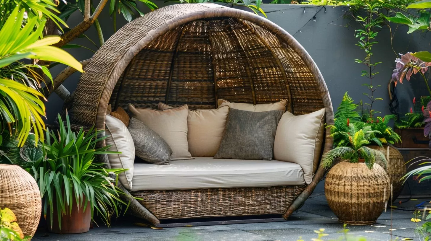 a photo of a cozy outdoor daybed nook with a wicker frame and neutral cushions, surrounded by potted plants