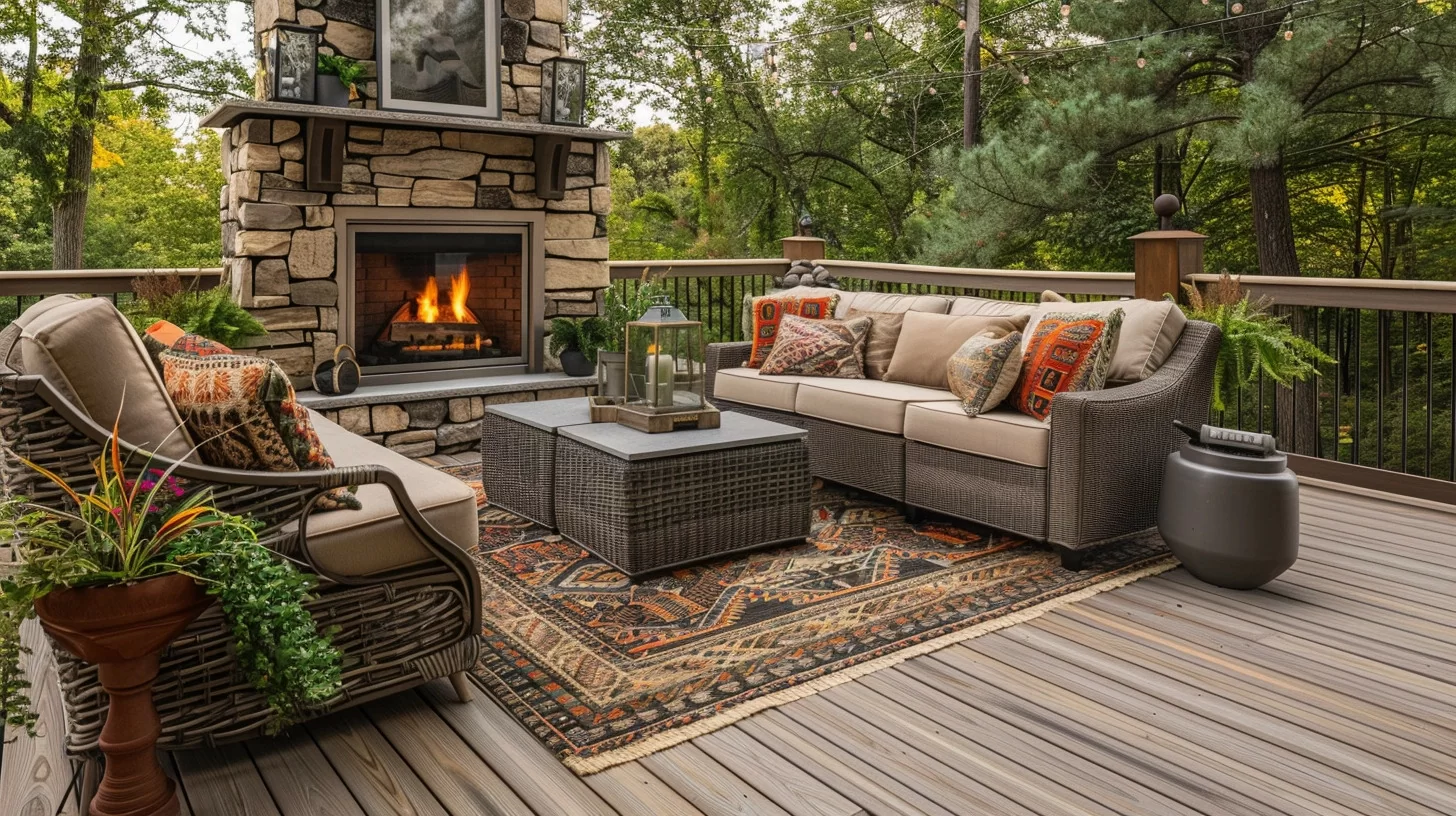 a photo of a intimate patio living room with comfortable seating and a fireplace on a composite deck