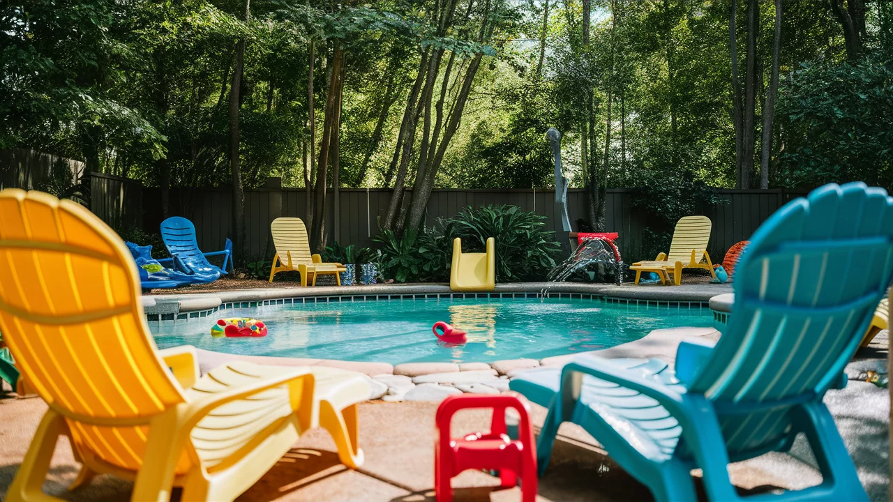 a photo of a family-friendly pool with simple, plastic lounge chairs and pool toys in a tree-filled backyard