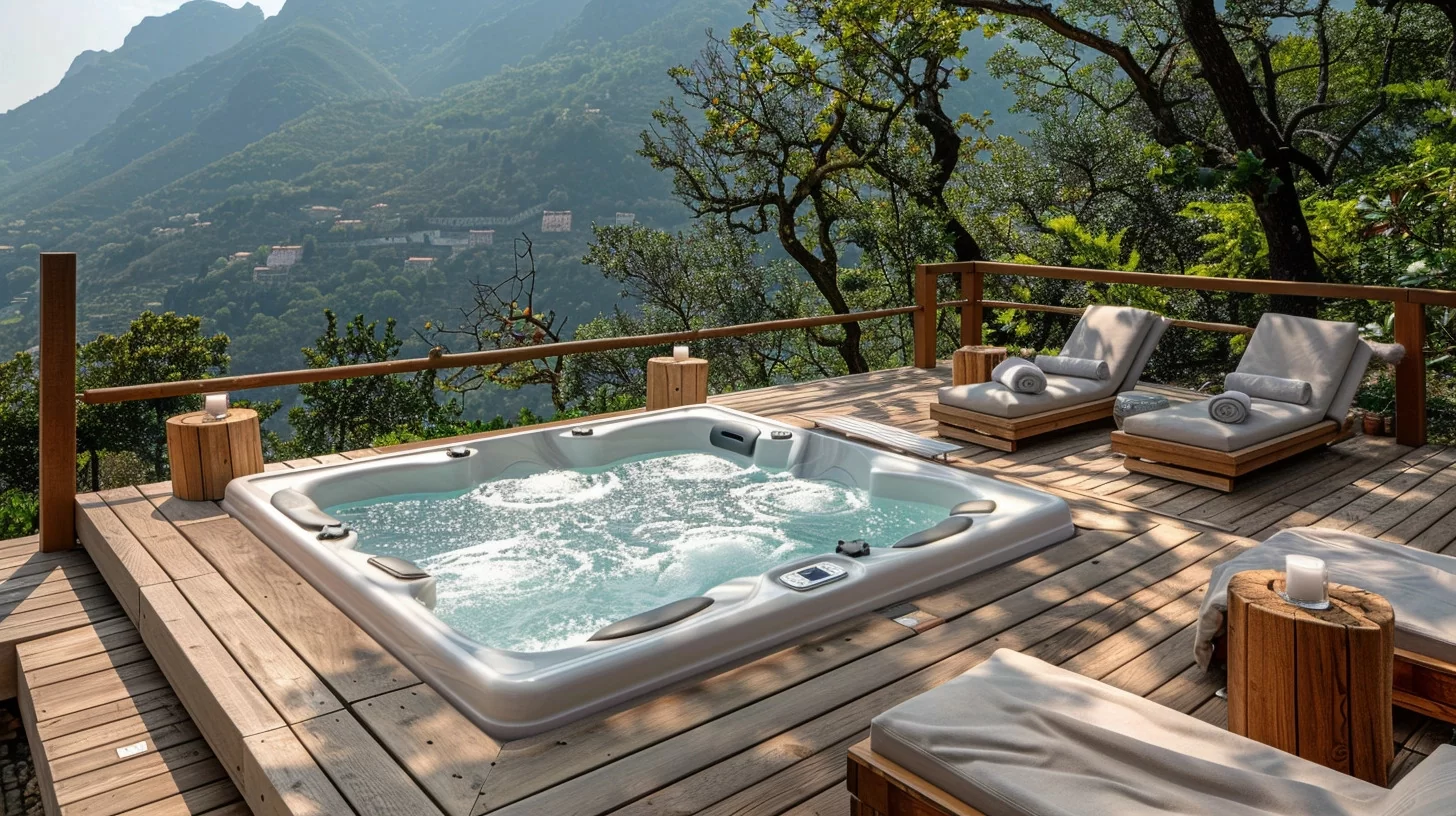 a photo of a hot tub set into a wooden deck with teak lounge chairs with a silvery patina  overlooking a mountain valley