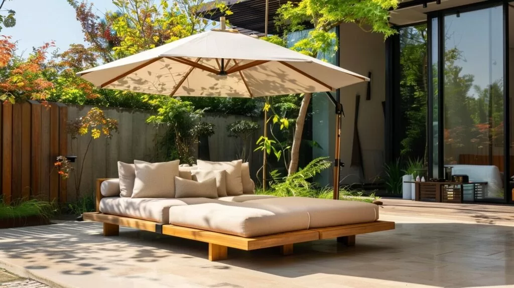 a photo of a luxurious wooden outdoor daybed under a large sun umbrella on a sunny patio of a luxury home