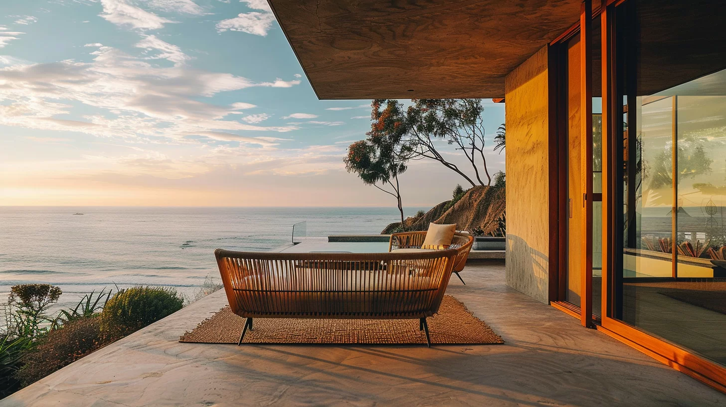 a photo of a mid-century inspired patio with a minimalist loveseat and ocean views at sunset