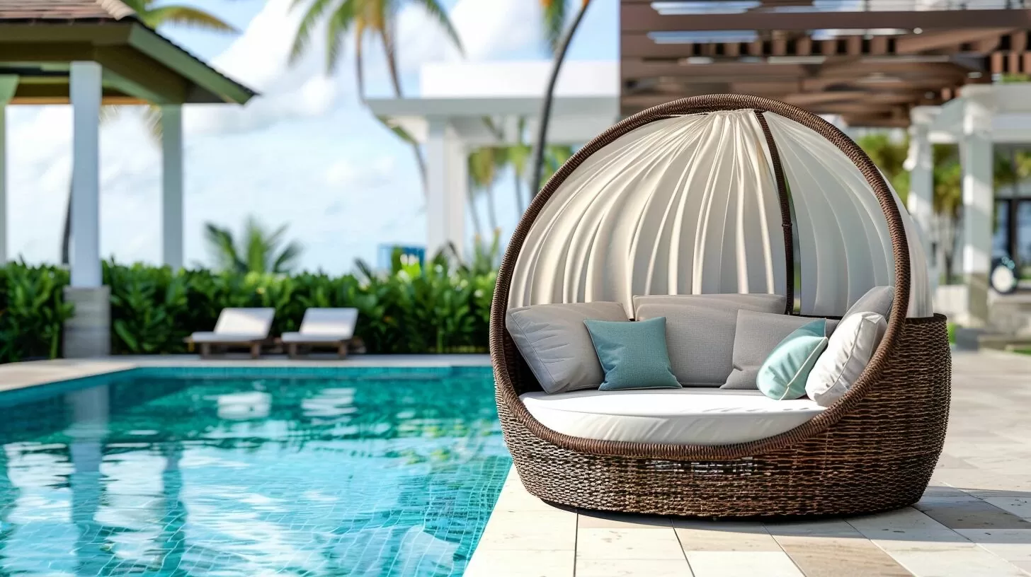 a photo of a modern resin wicker outdoor daybed with a canopy by a resort swimming pool
