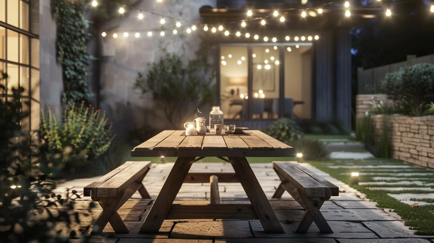 a photo of a rustic outdoor dining area with a reclaimed wood table and string lights on a flagstone patio