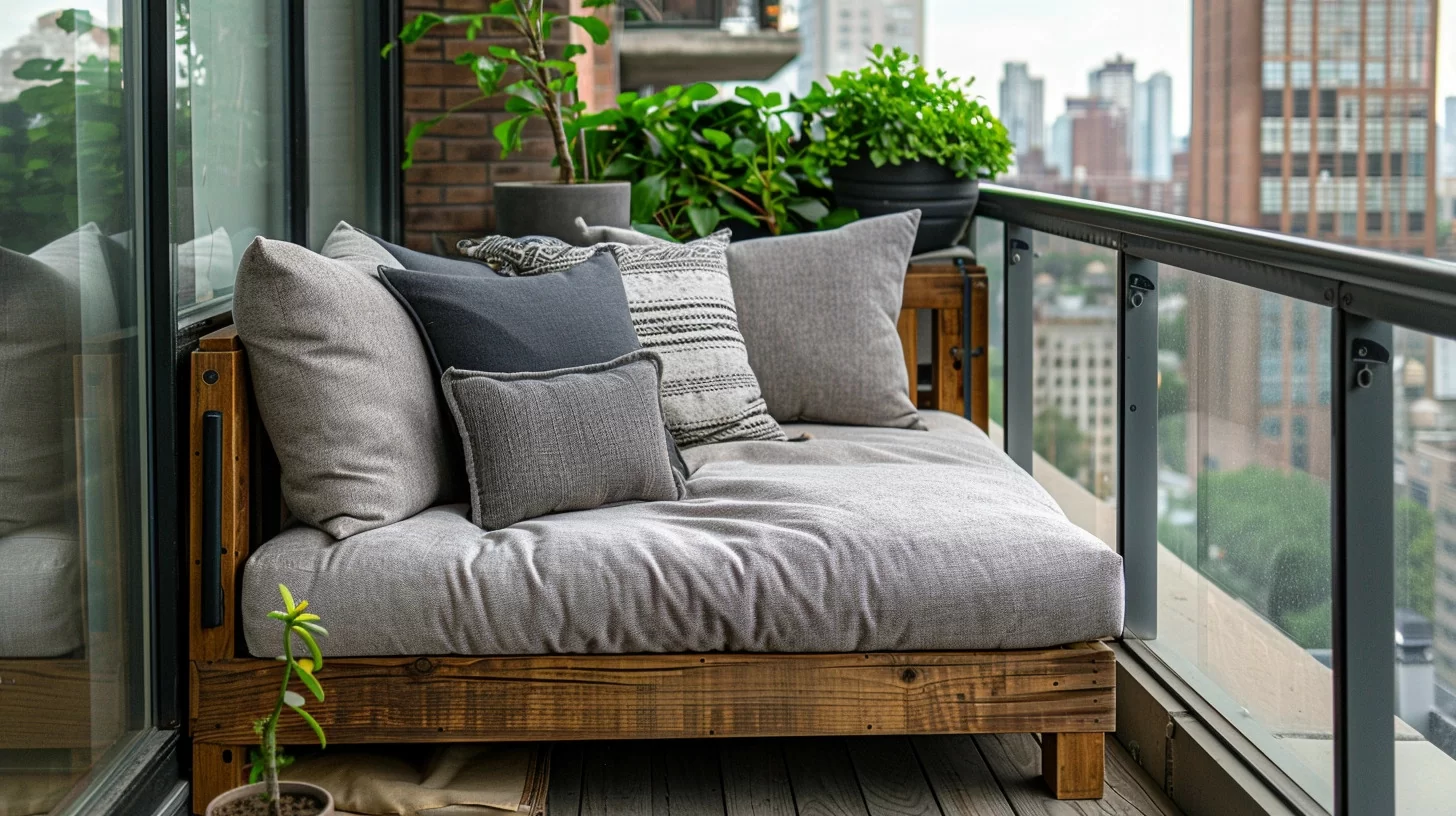 a photo of a small weathered teak wood outdoor daybed perfectly tucked into an urban apartment balcony