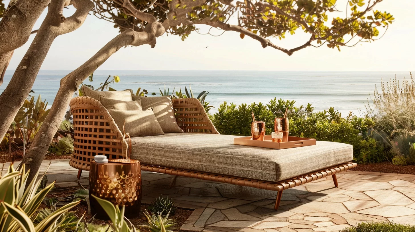 a photo of a sun-drenched outdoor daybed with cold beverages on a side table overlooking a beach view
