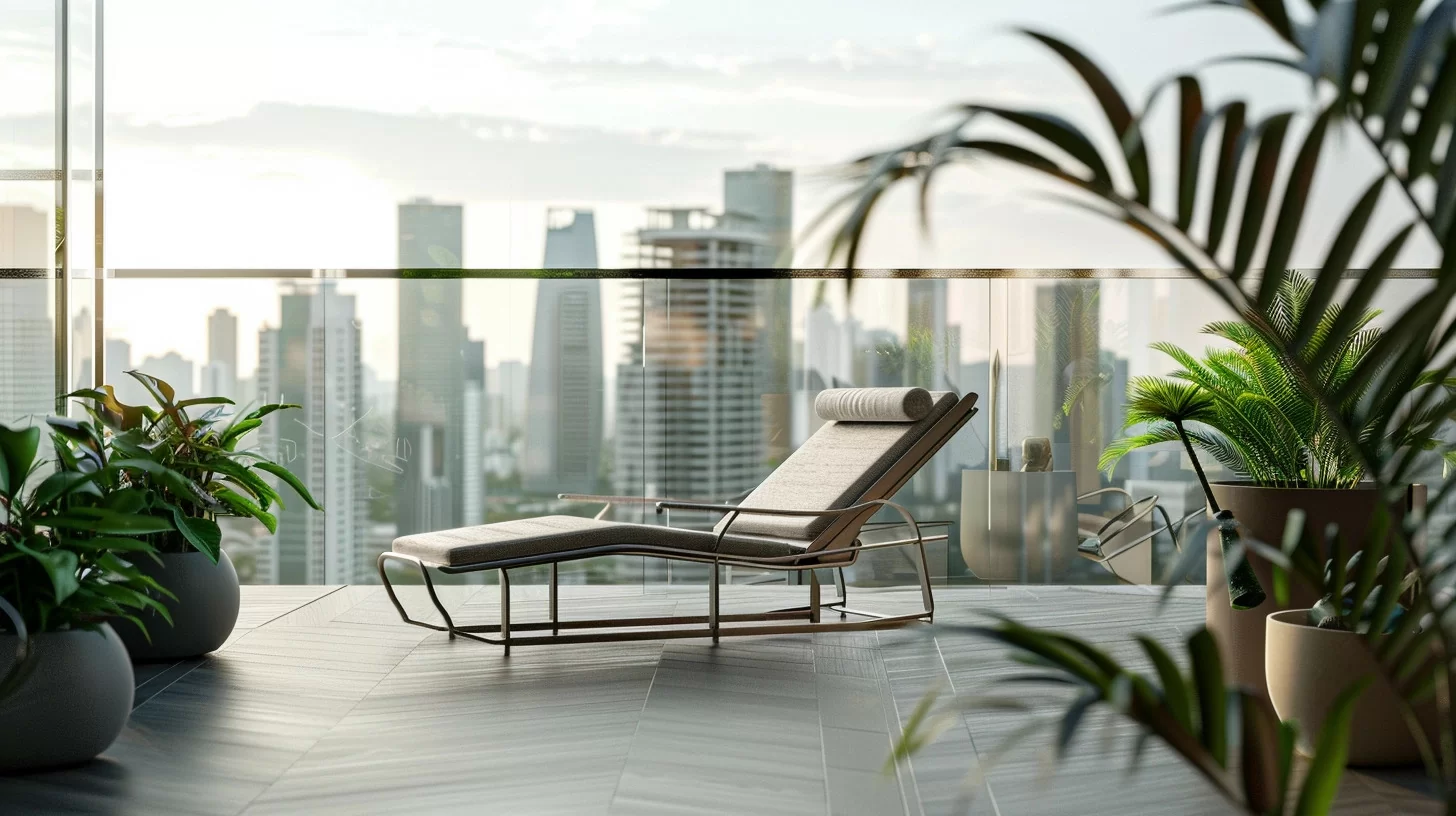 a photo of a sustainable aluminum outdoor lounge chair on a balcony with city skyline view