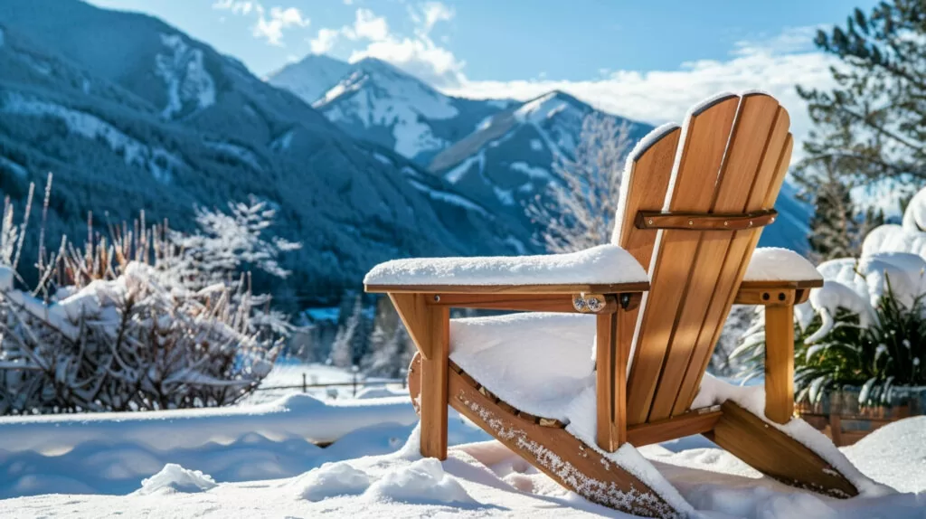 a photo of a teak Adirondack chair covered in snow on a luxury patio in winter with a mountain background