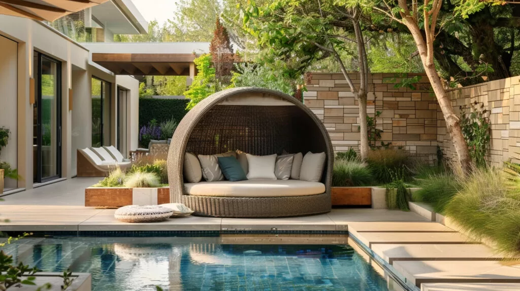 a photo of a modern wicker outdoor canopy daybed with colorful pillows next to a modern pool at a luxury home