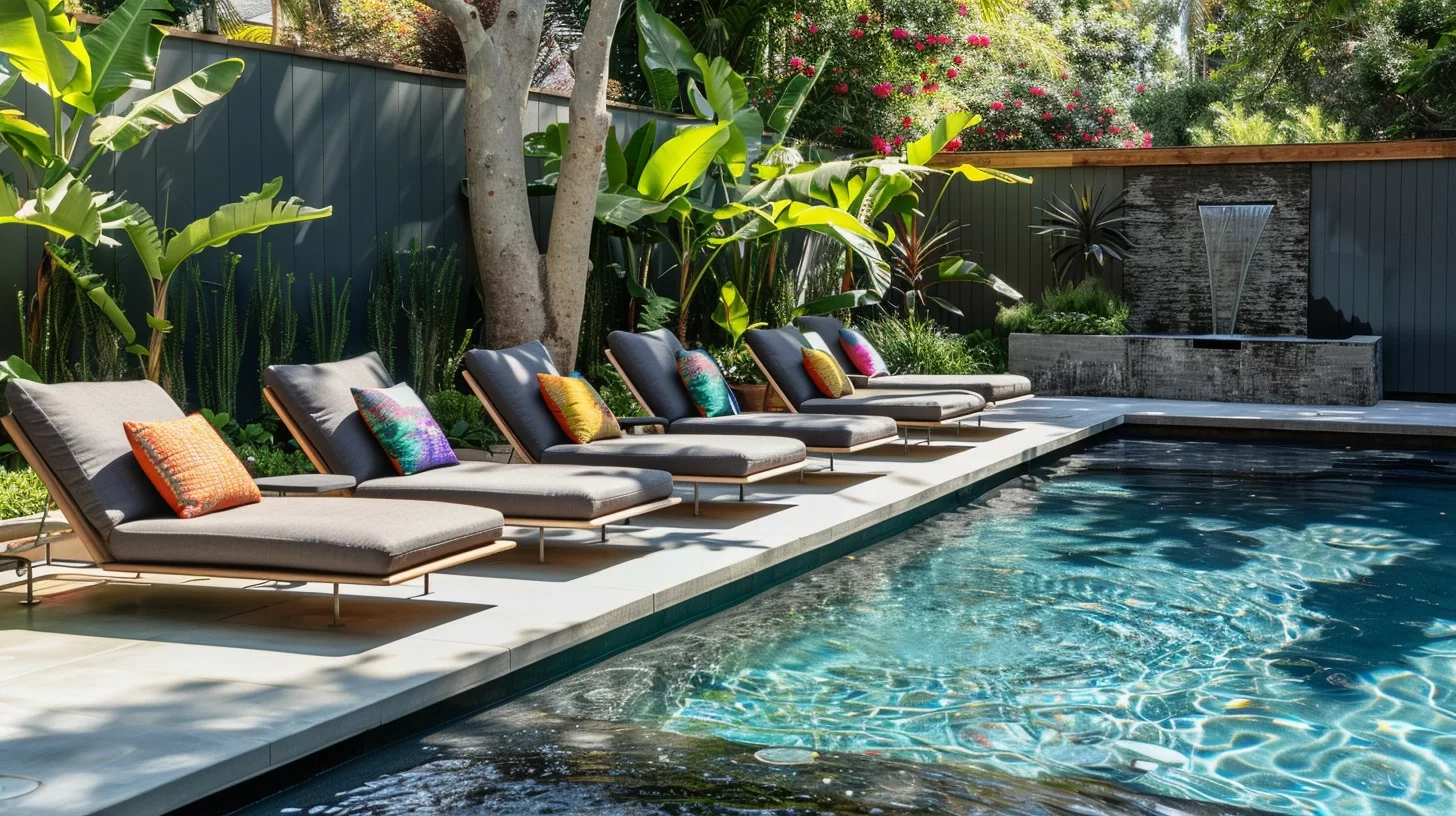 a photo of a zen pool area with simple, mid-century style outdoor lounge chairs with colorful pillows and a water fountain in a backyard with trees