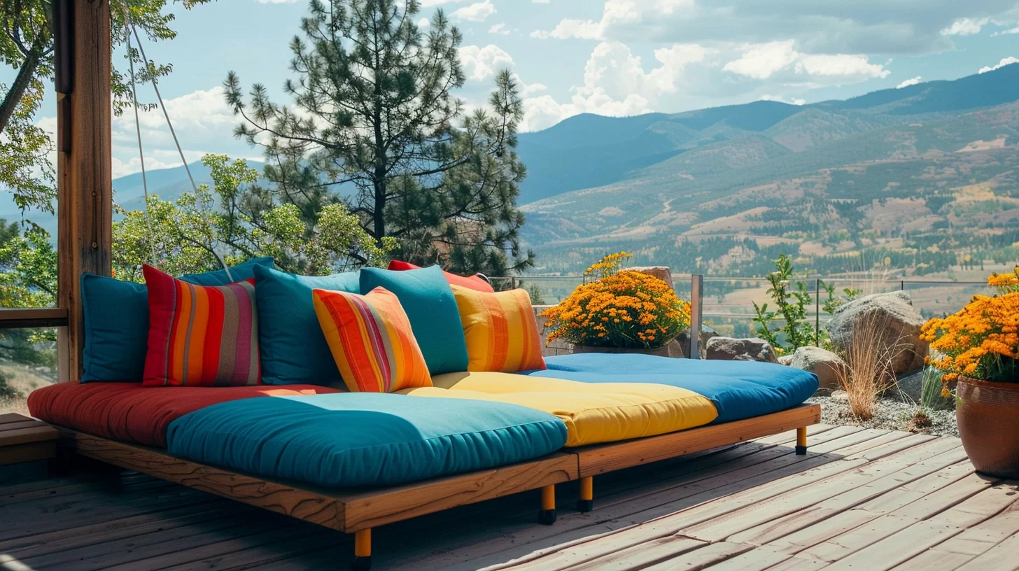 a photo of an eco-friendly outdoor daybed with colorful cushions on a deck with a mountain view