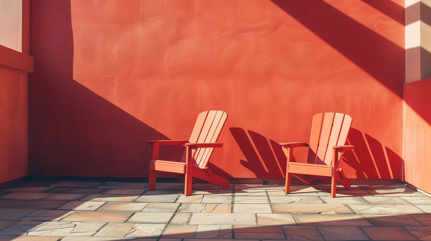 a photo of modern and minimal Adirondack chairs on a patio, half in the sun and half in the shade