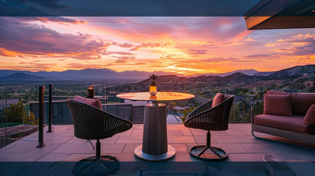 a photo of a patio bar setting for two with swivel chairs on a balcony overlooking a mountain valley with a beautiful sunset
