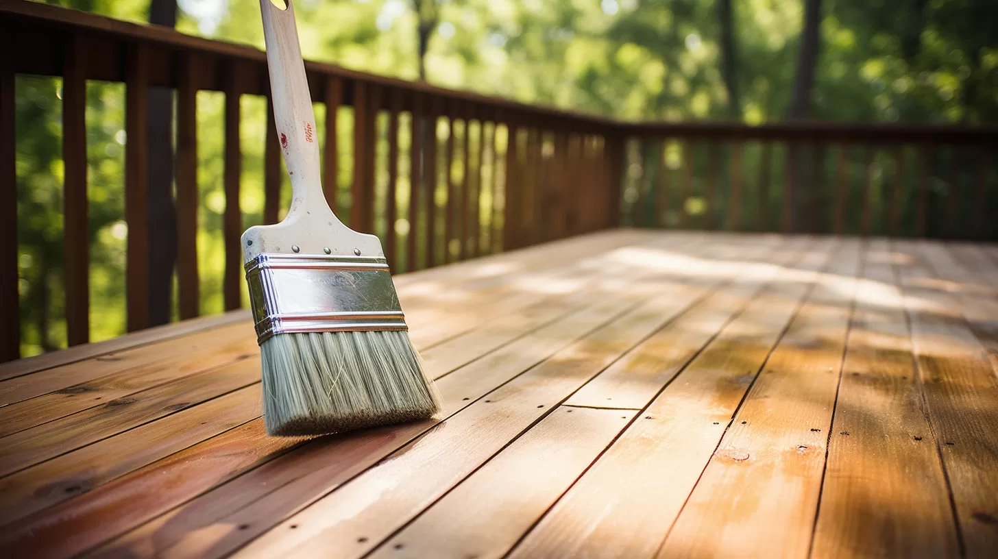 staining a wood deck with a paint brush