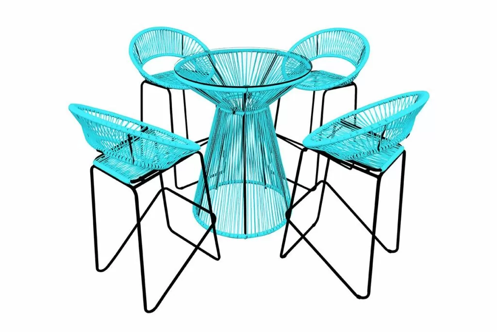 an Acapulco bar set with vinyl cord finished in an ocean-inspired teal color