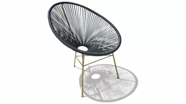 An Acapulco chair with black vinyl finish and a gold frame