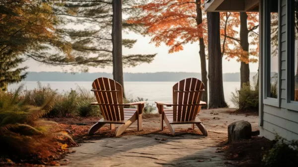 adirondack chairs overlooking a lake in the fall