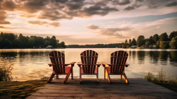Adirondack chairs facing a lake