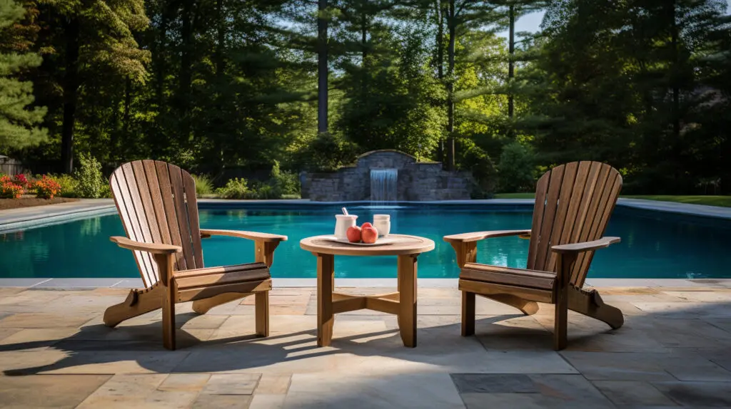 adirondack chairs on either side of a round side table next to an outdoor pool