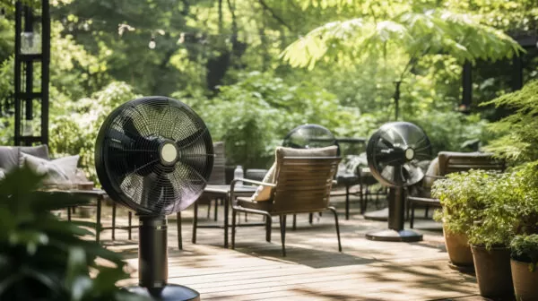 backyard patio with oscillating fans