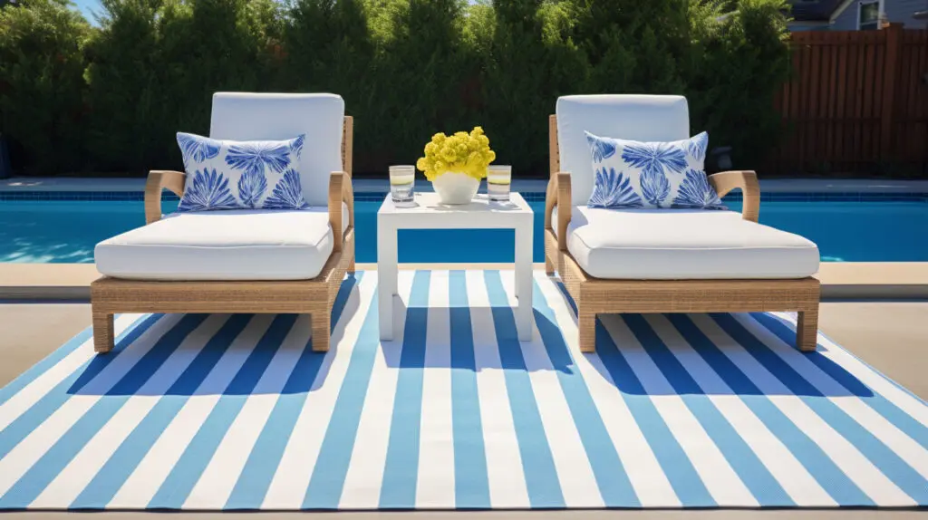 photo of blue and white striped outdoor rugs on a pool deck