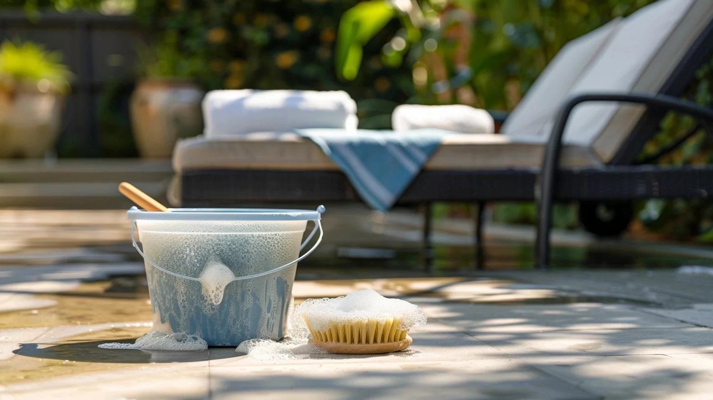 an image of a plastic bucket of soapy water with a soft bristle brush on next to an outdoor daybed on a patio