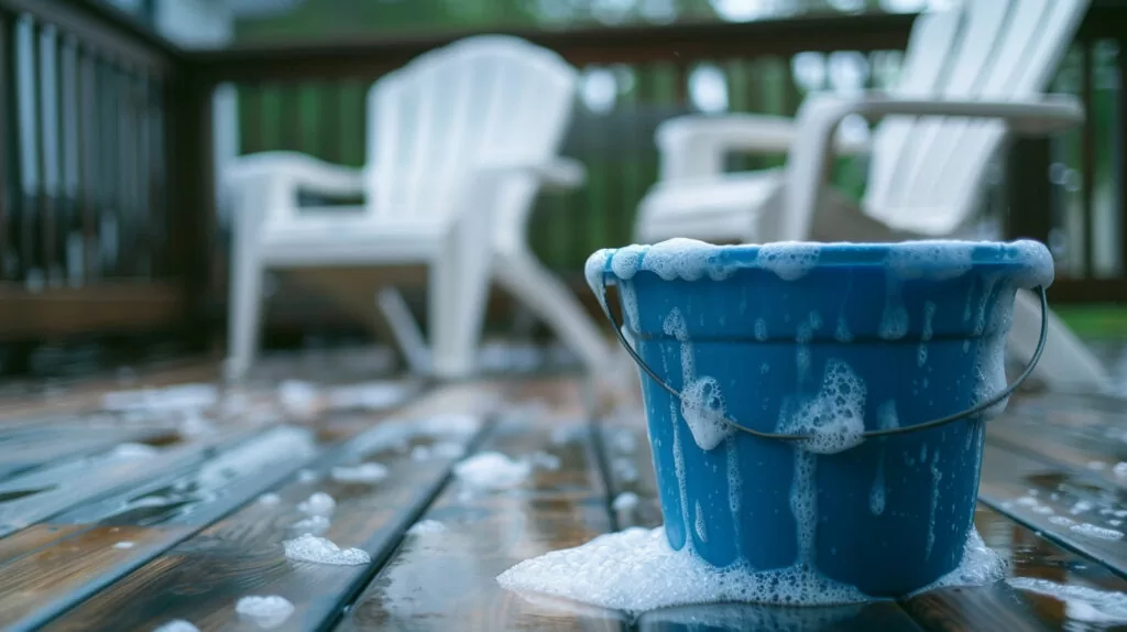 soapy water in a bucket on an outdoor porch