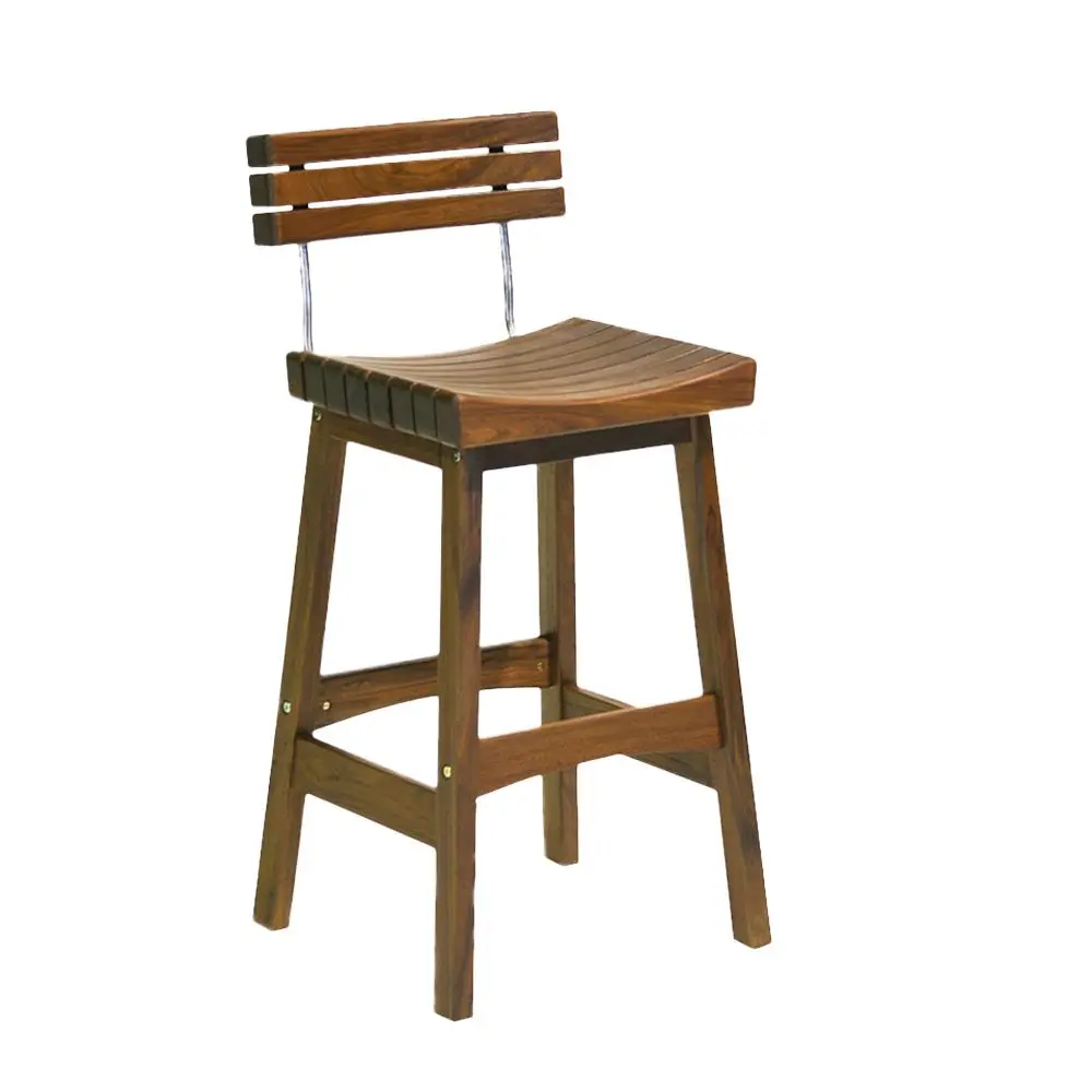 A beautiful ipe bar stool by Jensen with comfortable lower back rest; warm red undertones suit the dark ipe wood nicely.