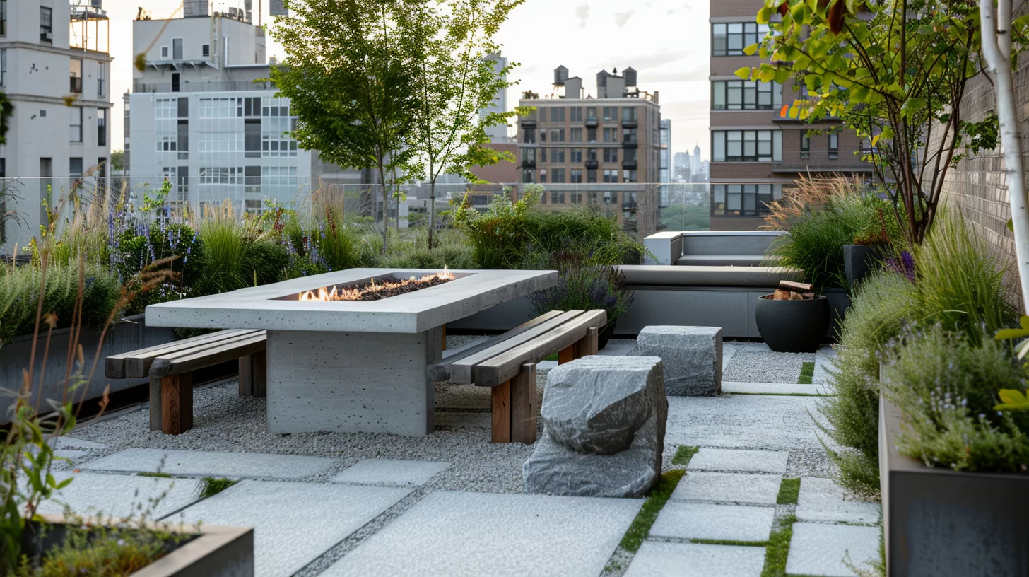 pea gravel floor with pavers around a fire table on a building in the city