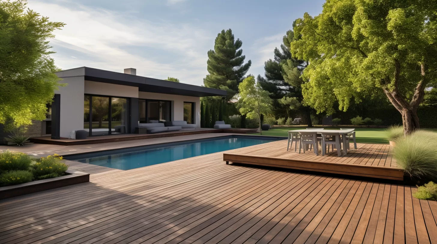 modern home with wood deck around a pool