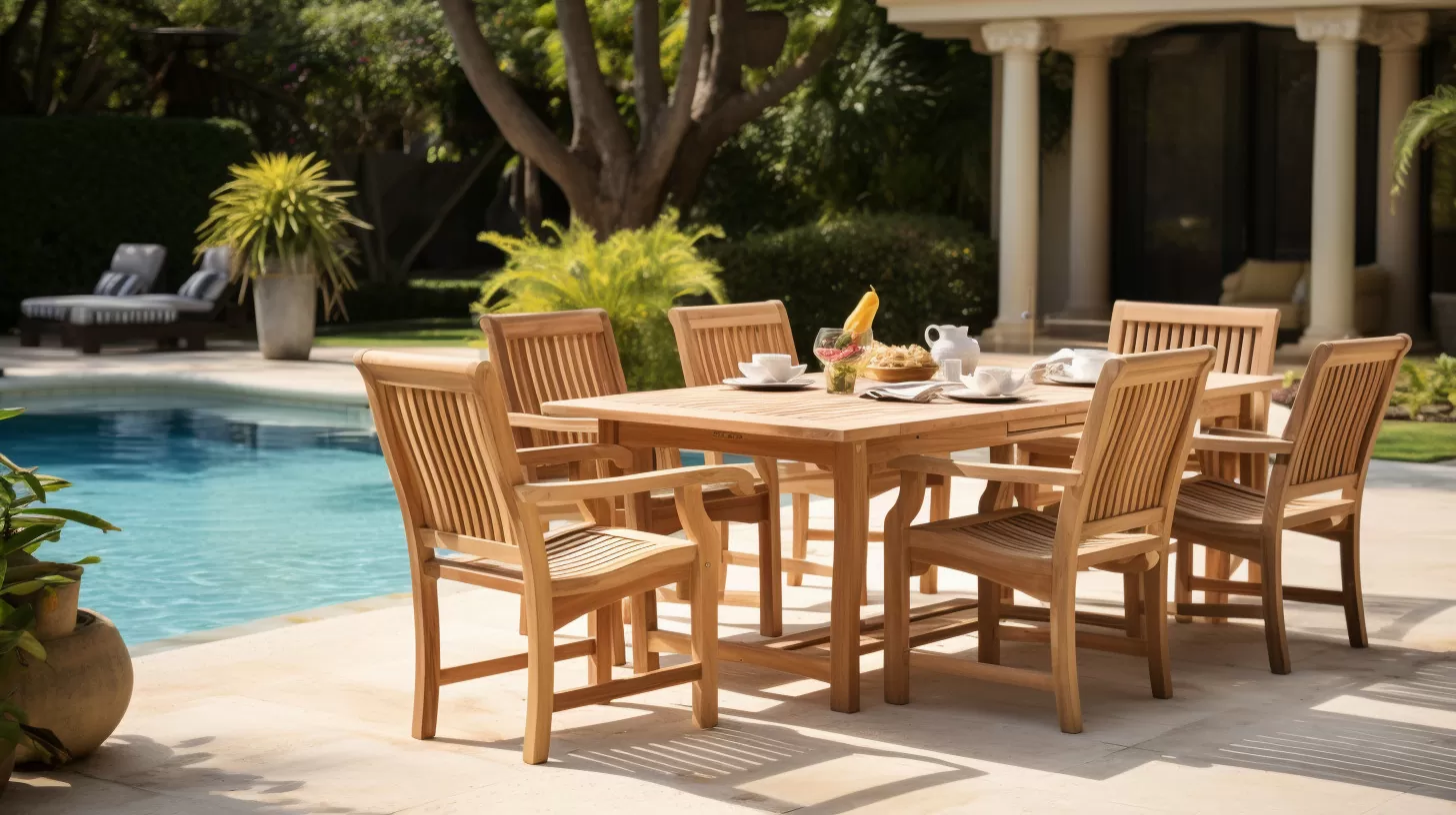 teak patio table next to a pool at a luxury home
