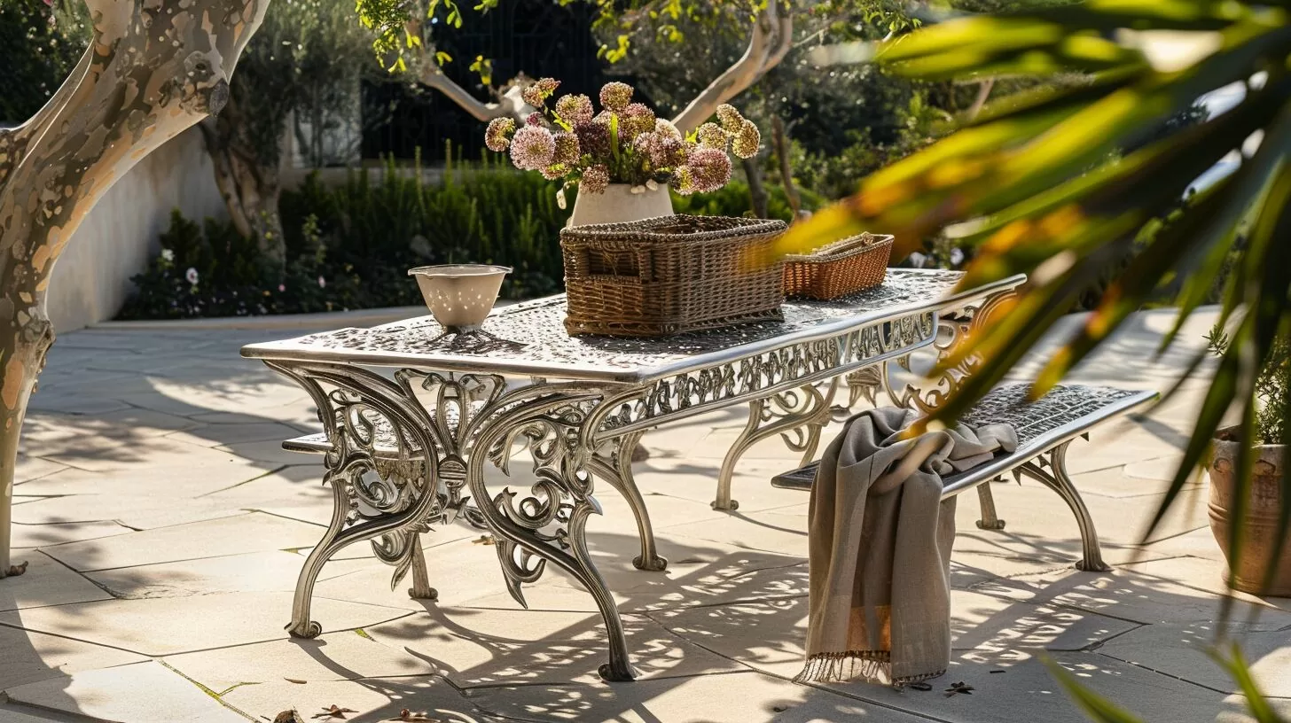 elegant aluminum picnic table and benches with blanket in a sunny patio garden