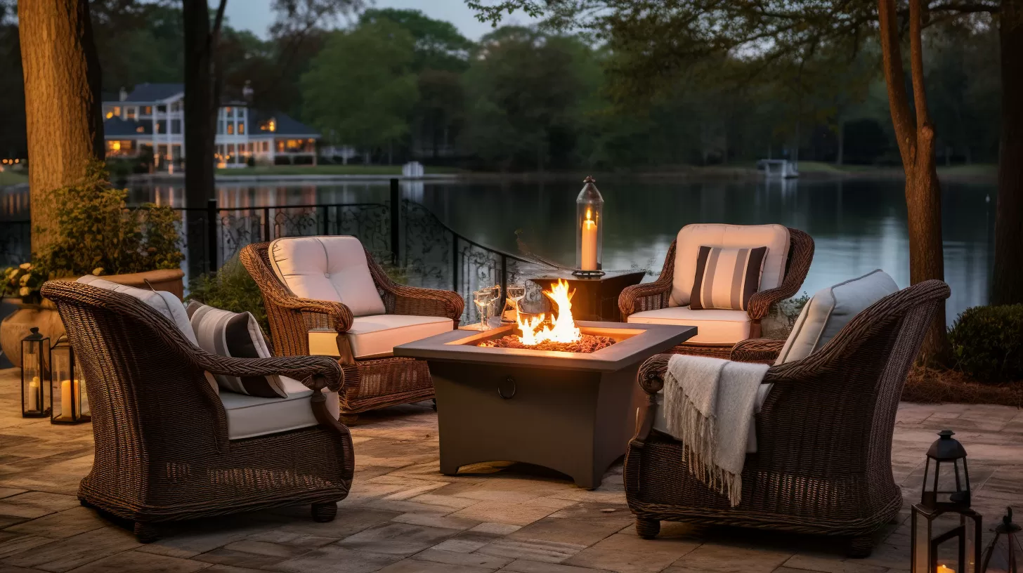 a photo of deck furniture arranged facing a fire pit with four wing chairs