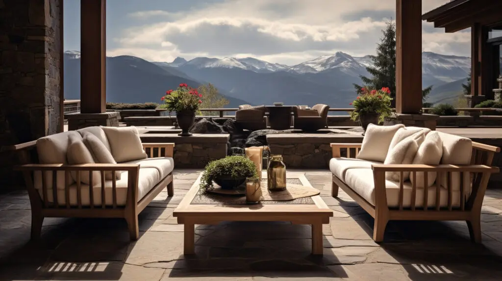 teak sofa set with mountains in the background