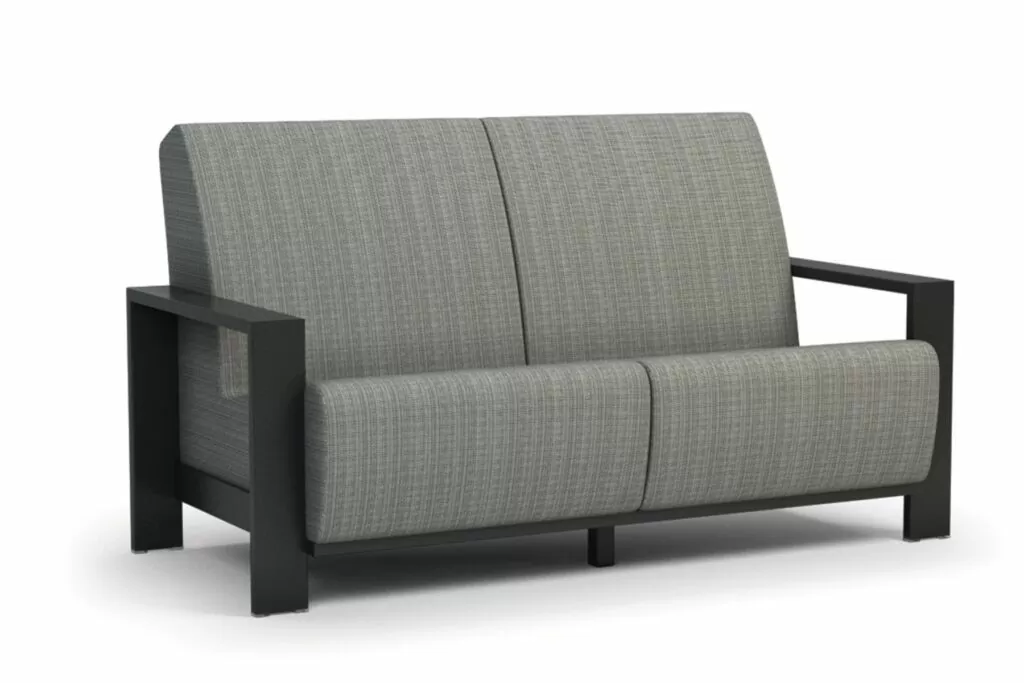 A sling loveseat sofa by Homecrest featuring powder coated aluminum frame and comfy grey slate textilene mesh