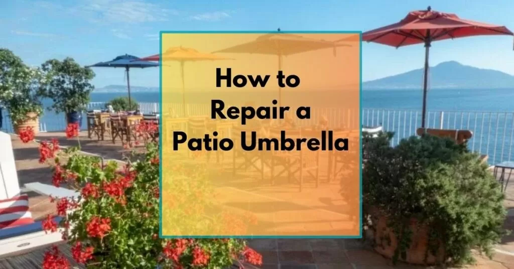 How to repair a patio umbrella - splash image showing a patio with several market umbrellas