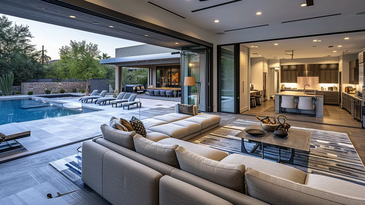 million dollar home with huge sofa inside and smooth transition to outside