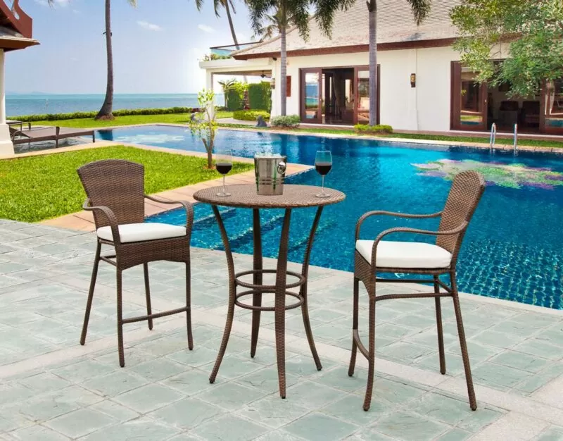 The Key Biscayne 3 piece bar set features thin profile bistro chairs and a small elegant table that takes up little space but looks fantastic