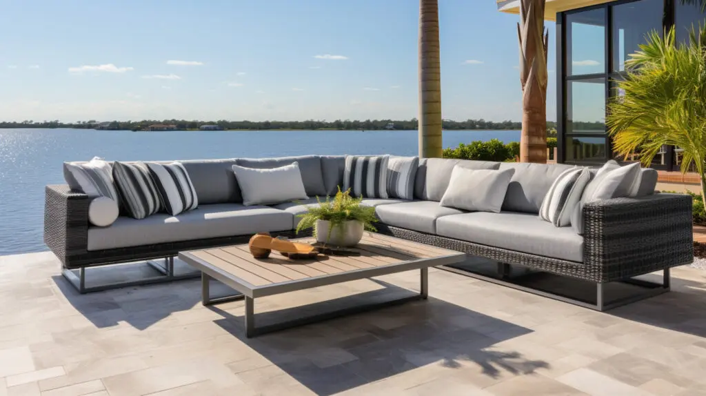 large L-shaped gray outdoor sectional sofa on a pool deck