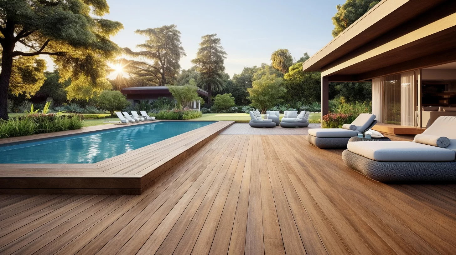 wood deck in the back of a modern home with a pool