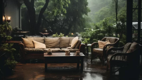 outdoor patio set in heavy rain