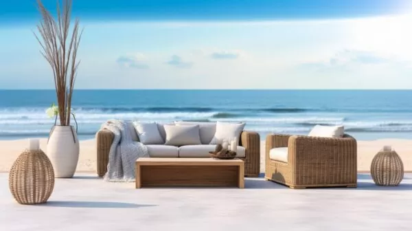 wicker sofa set on the beach