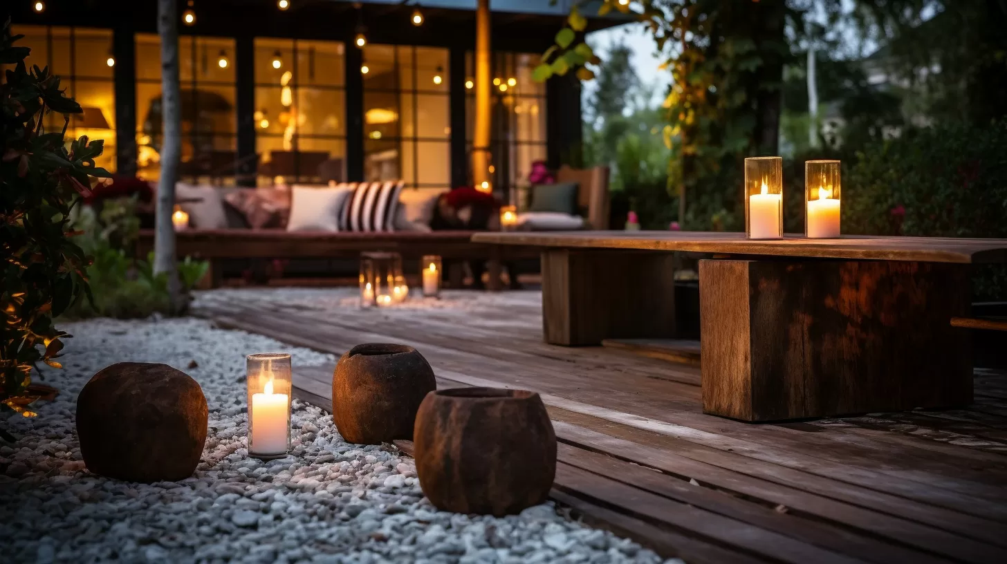 backyard at dusk with candels and string lights on a wood deck