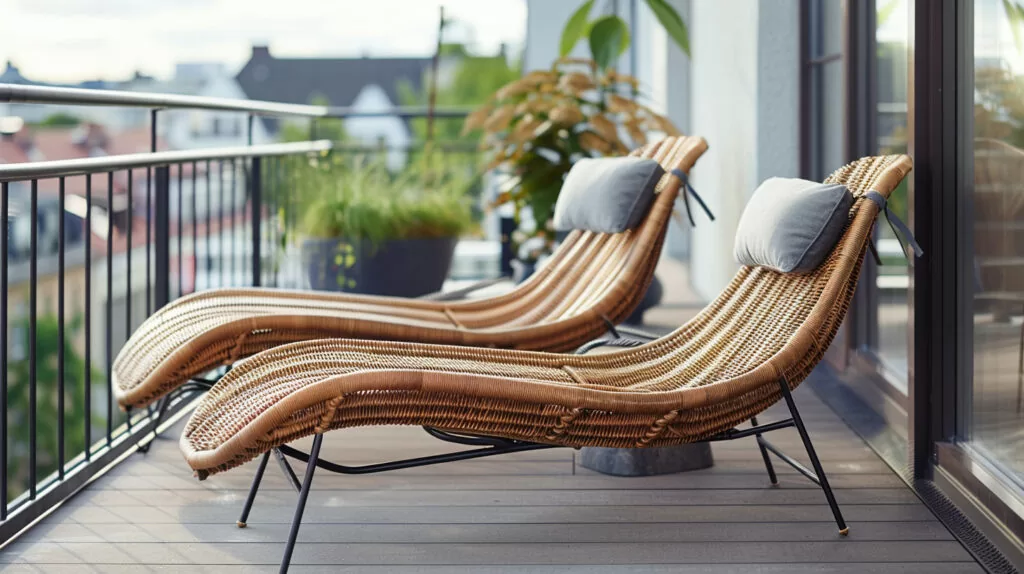 lounge chairs on apartment deck made from wicker